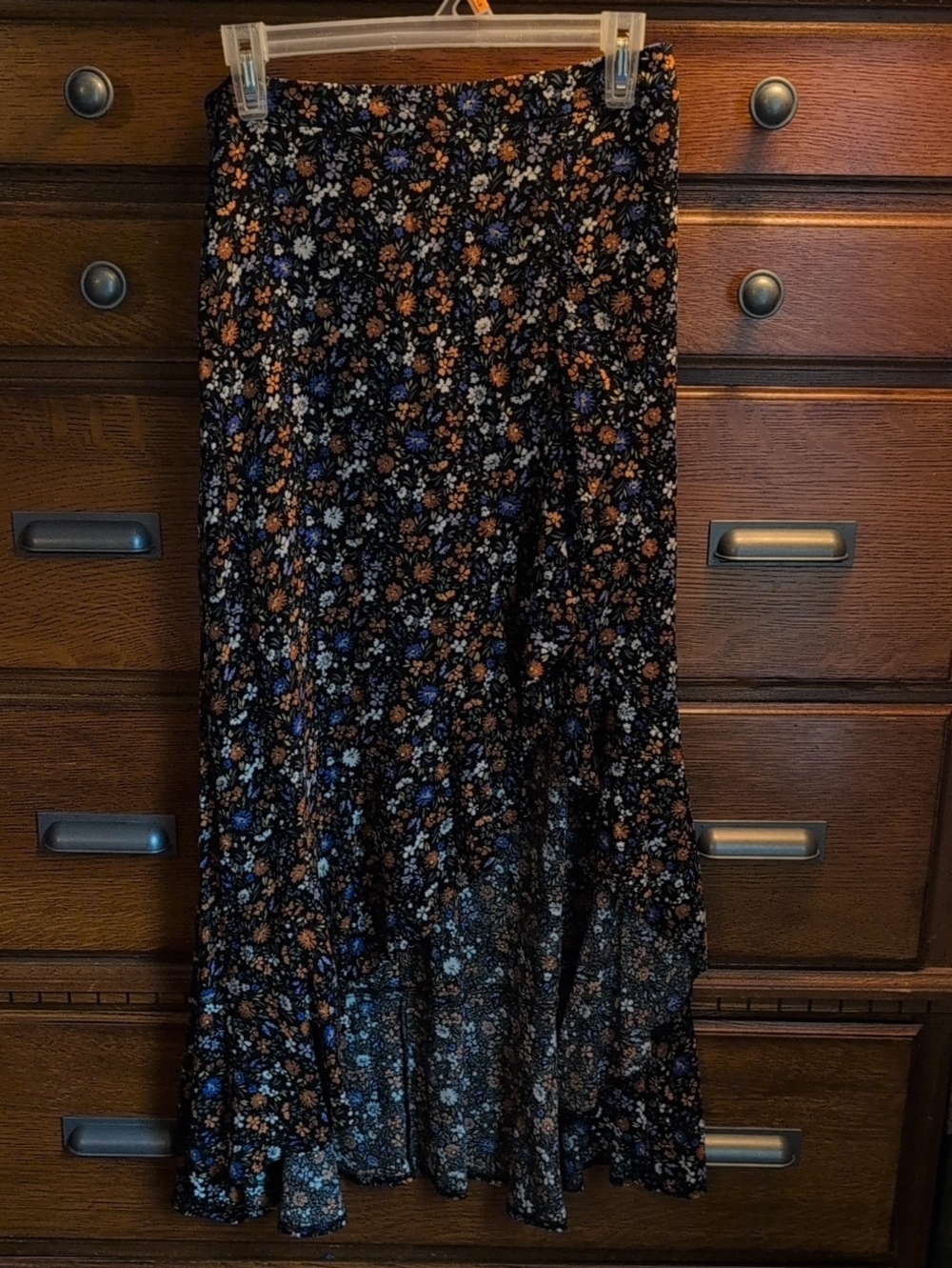 Dress Forum Black Floral High-Low Maxi Skirt with Blue and Orange Blooms